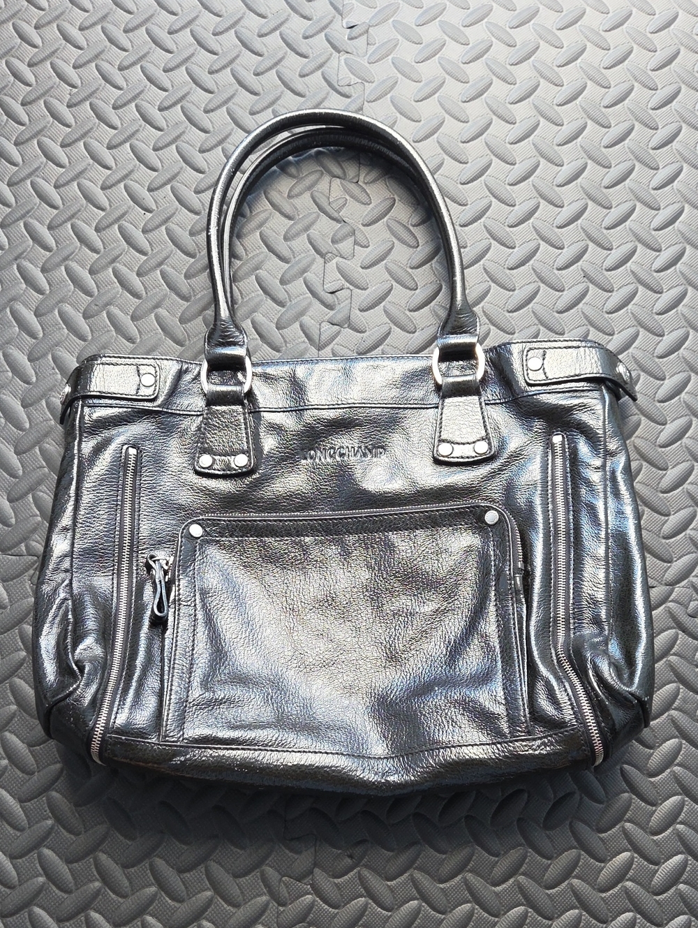 Longchamp Metallic Silver Tote Bag with Front Pocket